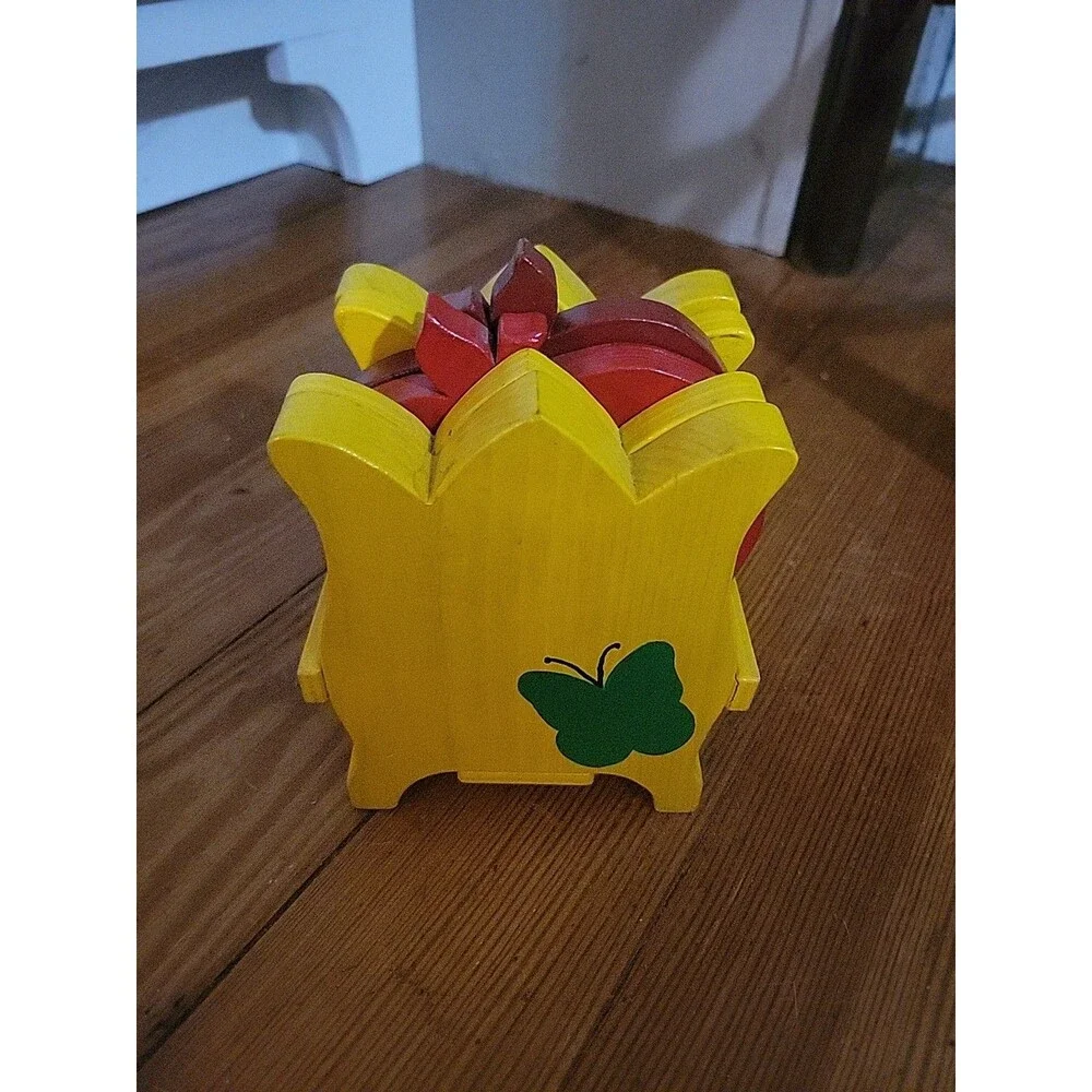 Vtg Tulip Apple Wooden Coaster Set Holder Yellow Red Country Farmhouse Butterfly